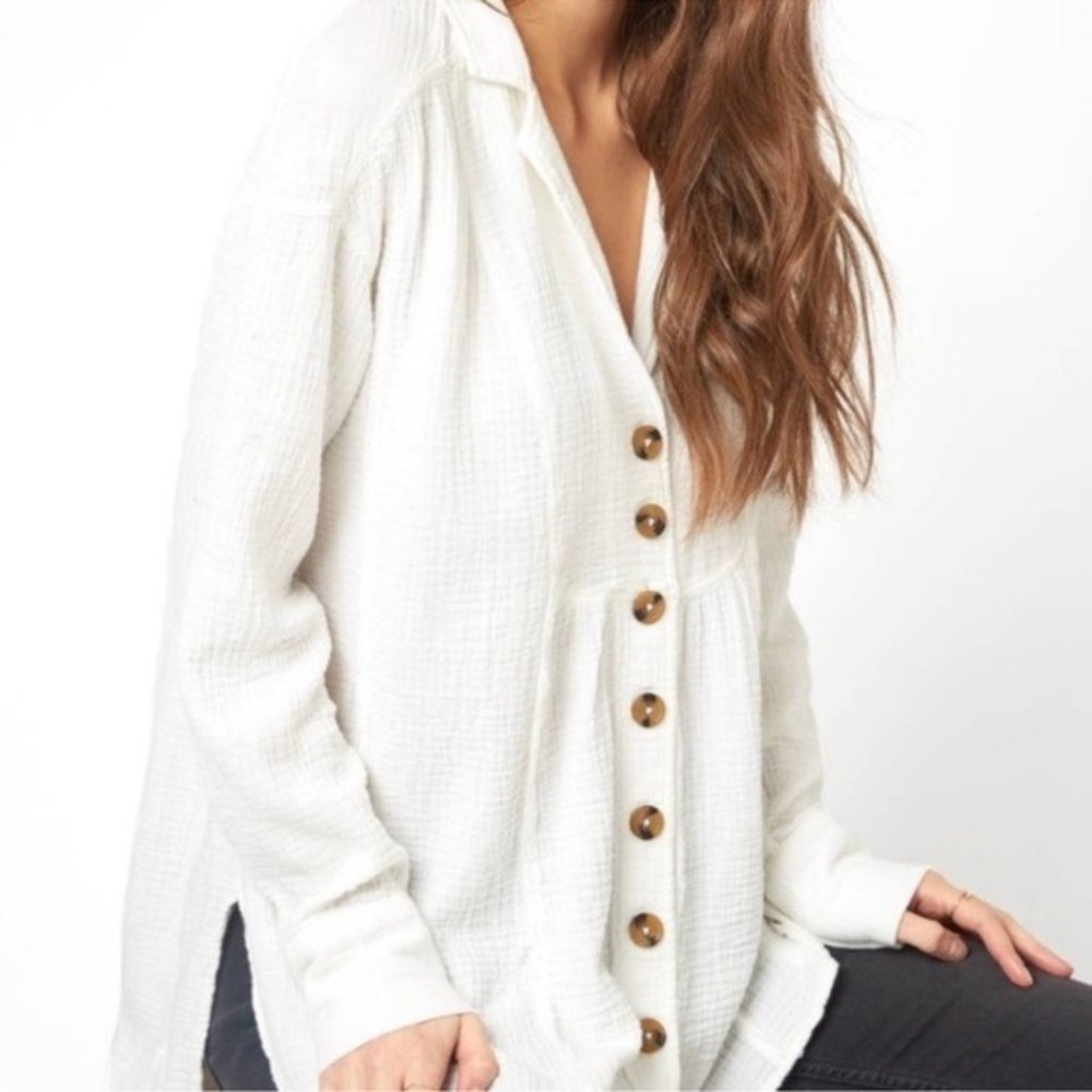 Free People All About The Feels Linen Style Button Down Top - Ivory XS